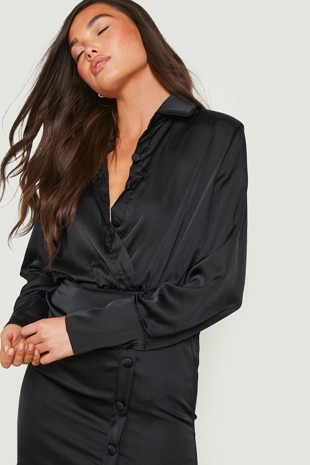 

Платье-рубашка из атласа на пуговицах Boohoo, черный