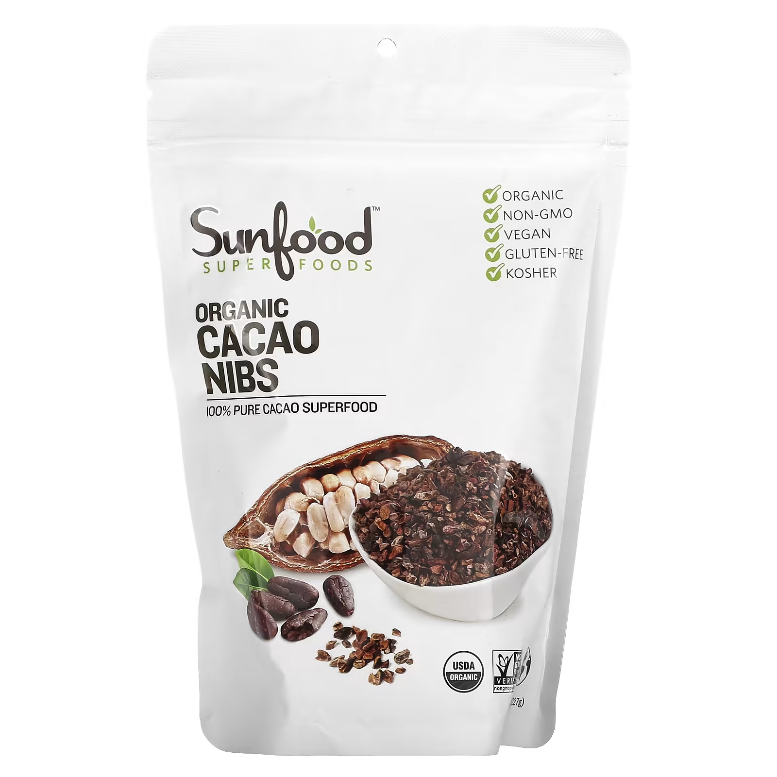 Органические какао-бобы Sunfood без глютена, 227 г