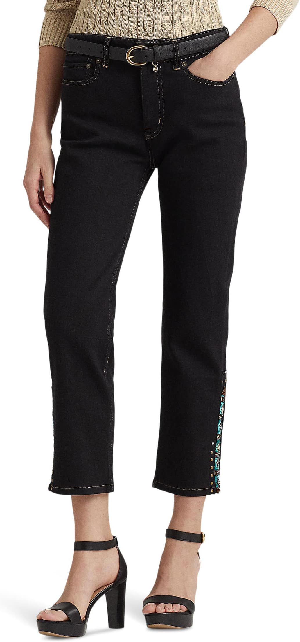 

Джинсы Beaded High-Rise Straight Cropped Jeans in Black Rinse Wash LAUREN Ralph Lauren, цвет Black Rinse Wash