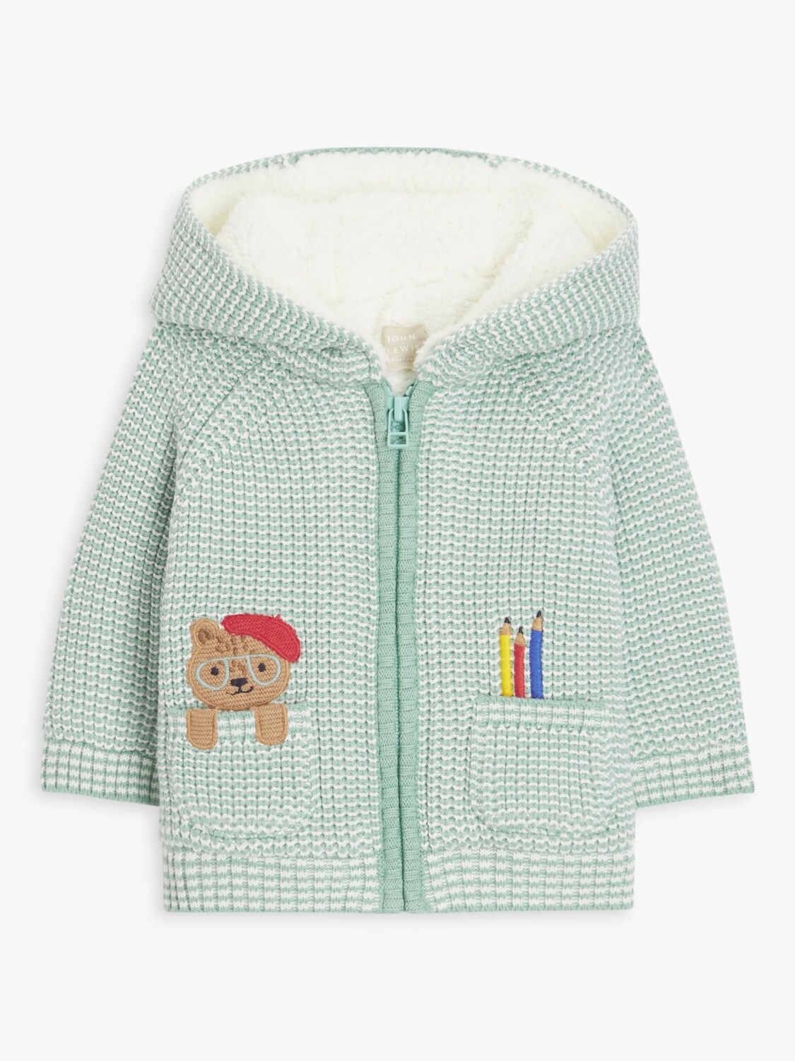 

Вязаный кардиган с капюшоном John Lewis baby Bear зеленый белый