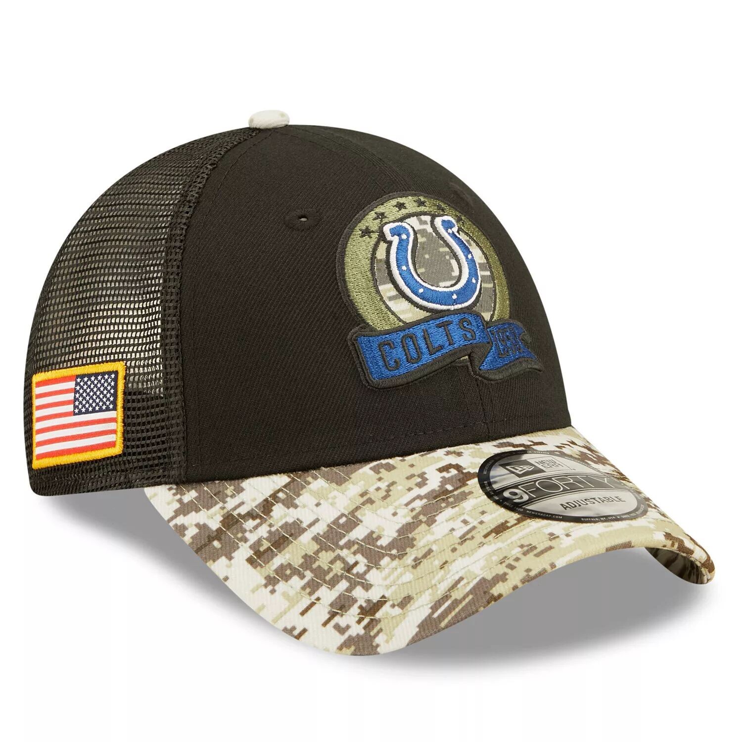 

Мужская кепка New Era Black/Camo Indianapolis Colts 2022 Salute To Service 9FORTY Snapback Trucker Hat