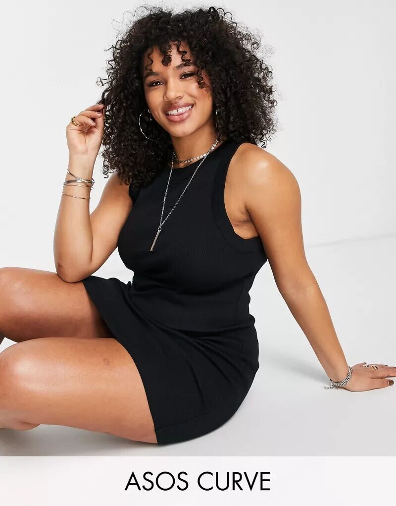

Черное платье мини в рубчик с вырезом-борцовкой ASOS DESIGN Curve
