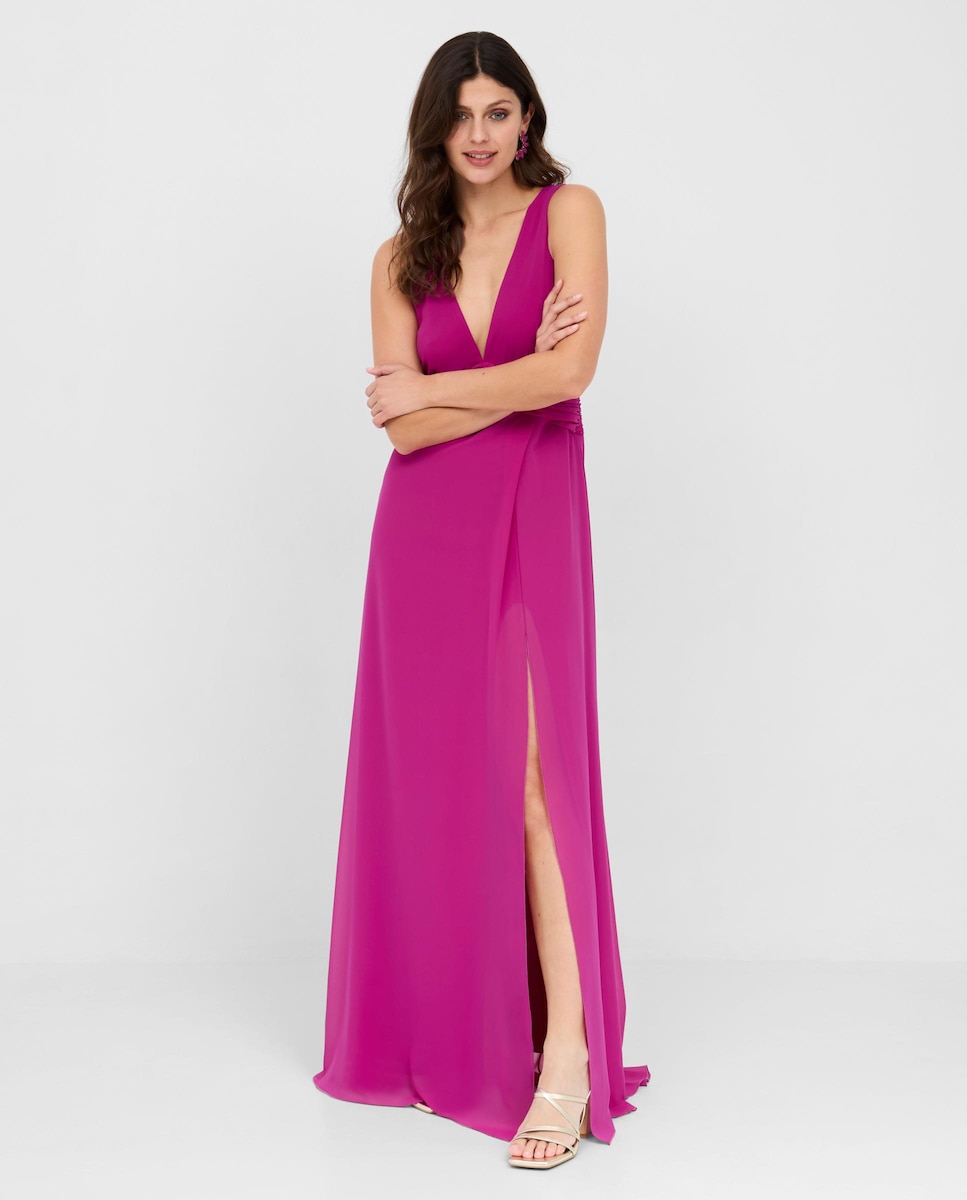 Длинное шифоновое платье с V-образным вырезом Veneno en la piel, розовый
