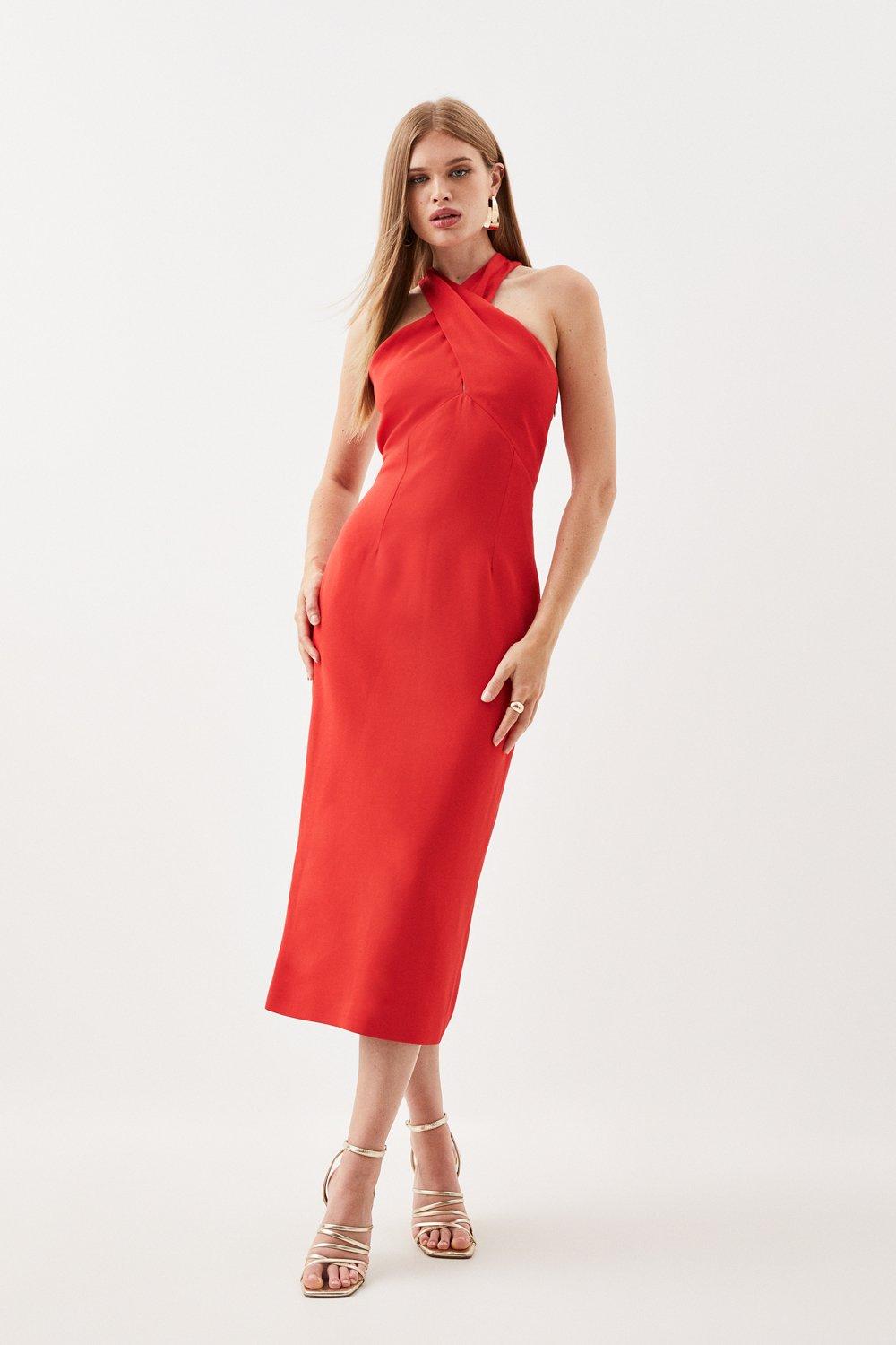 цена Итальянское структурированное платье миди в рубчик с перекрестным вырезом на заказ Karen Millen, красный