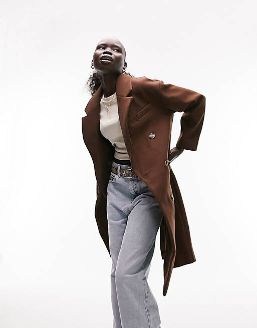 

Двубортное пальто шоколадного цвета Topshop Petite, Коричневый