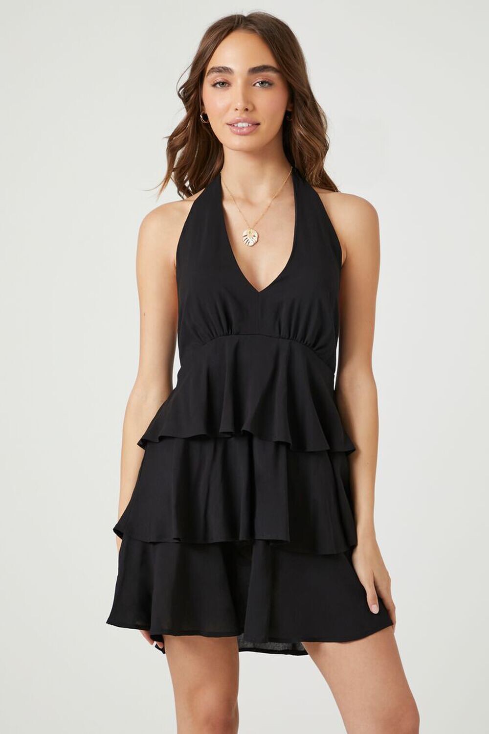 

Мини-платье с воланами через шею Forever 21, черный