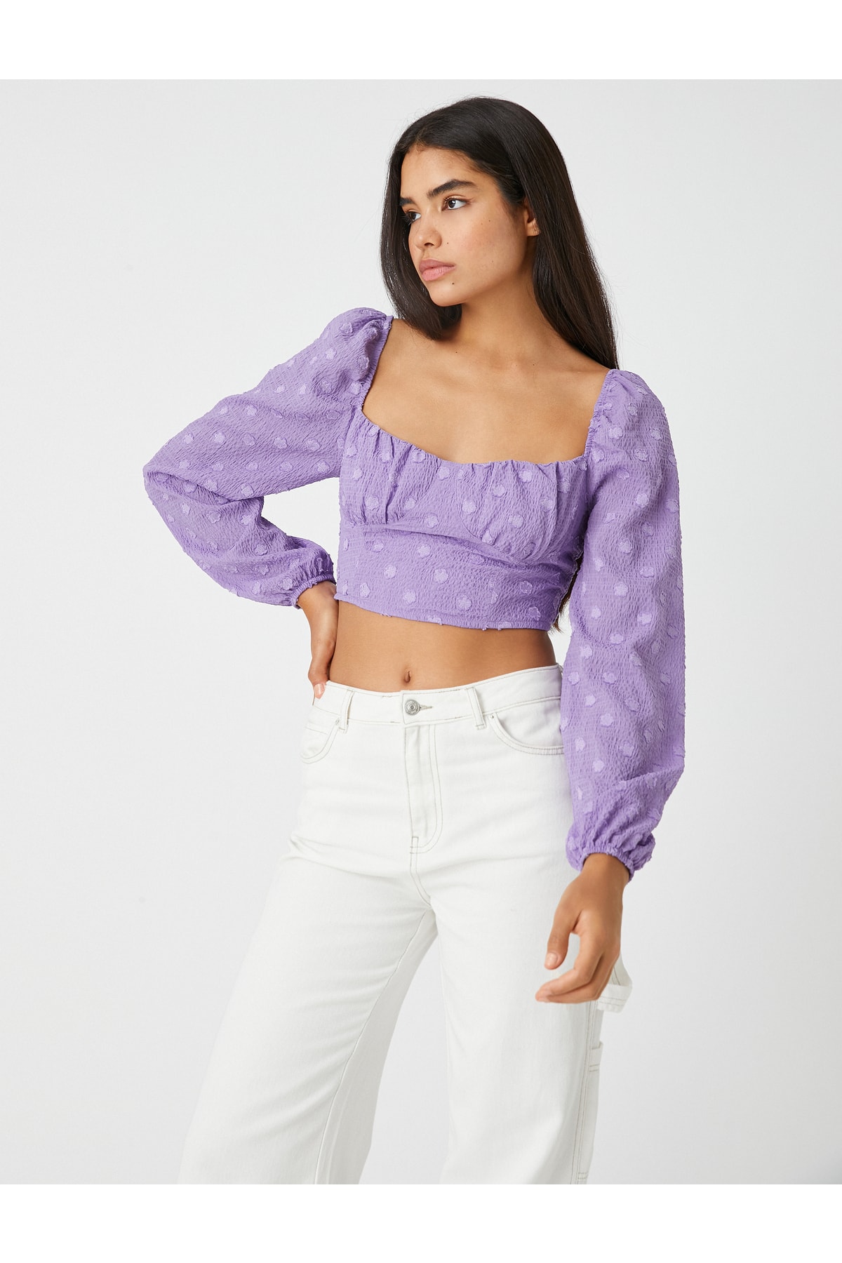 Укороченная блузка с объемными рукавами и текстурой Koton, фиолетовый