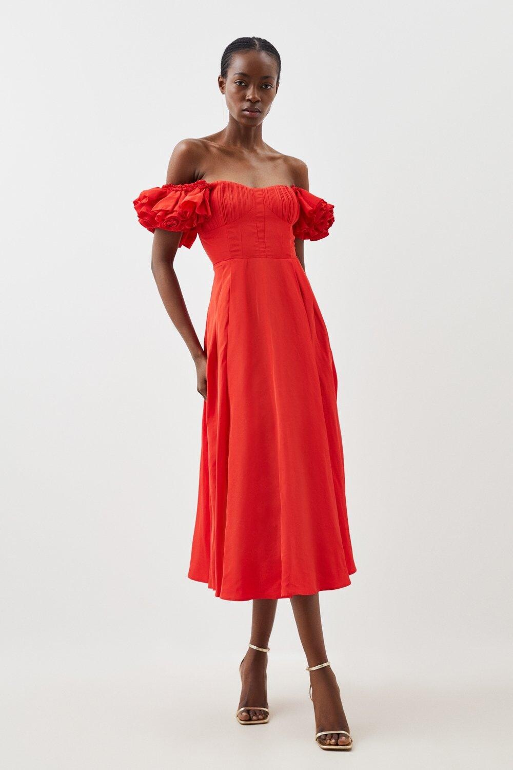 

Тканое платье миди из тафты Petite с рюшами Karen Millen, красный