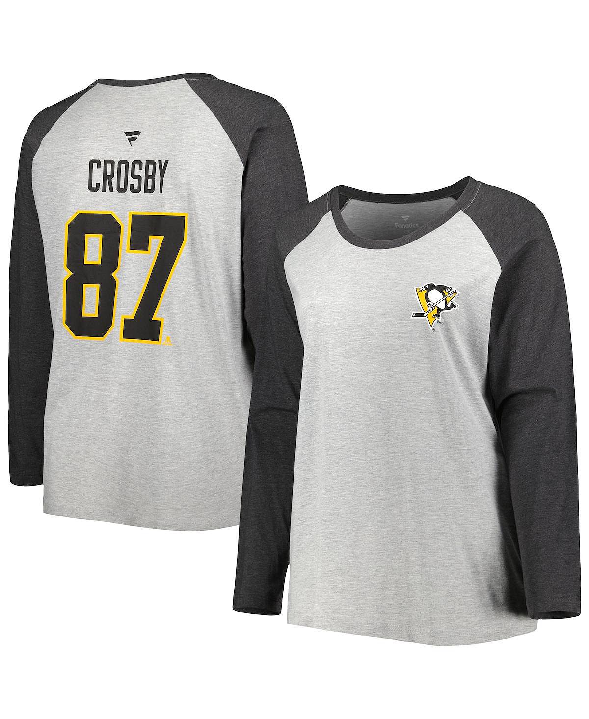 Женская фирменная футболка Sidney Crosby Heather Grey, Heather Charcoal Pittsburgh Penguins размера плюс с именем и номером, футболка реглан с длинными рукавами Fanatics