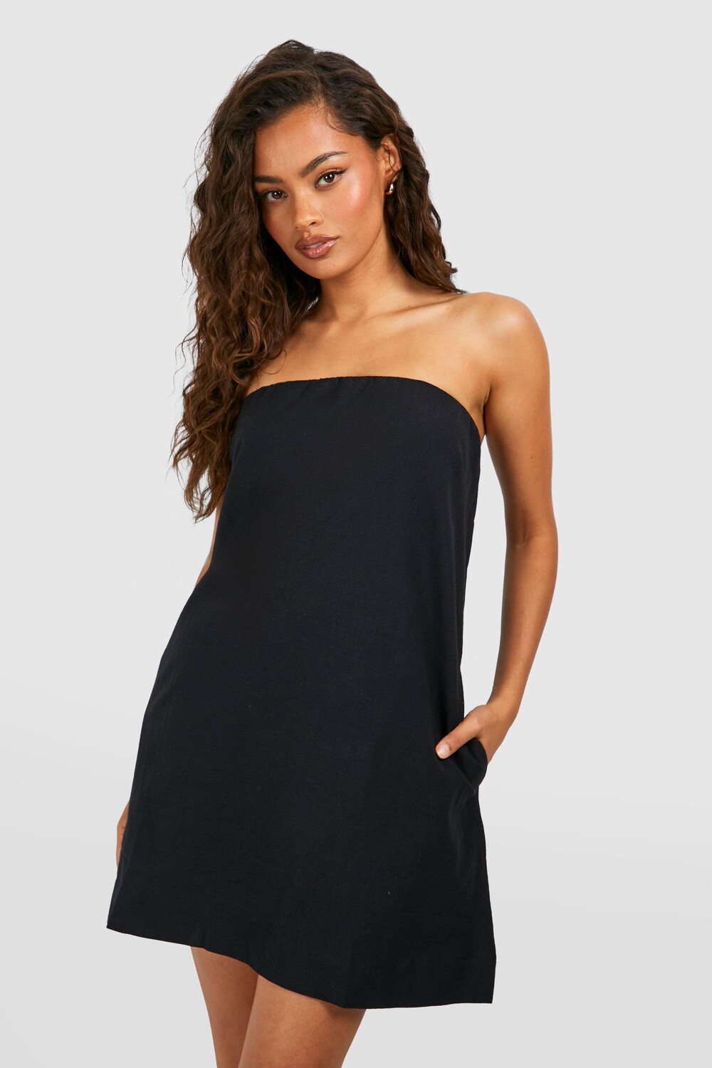 

Льняное мини-платье бандо boohoo, черный