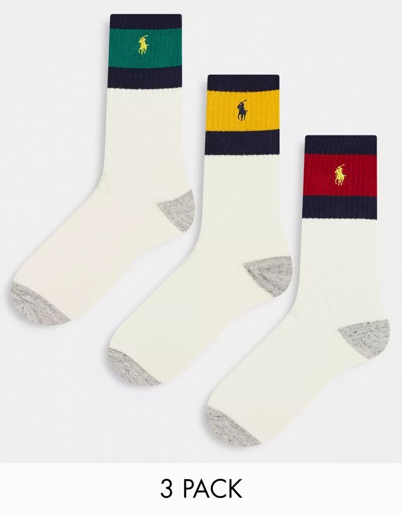 

Комплект из 3 носков кремового цвета Polo Ralph Lauren с цветными полосками и логотипом игрока в поло