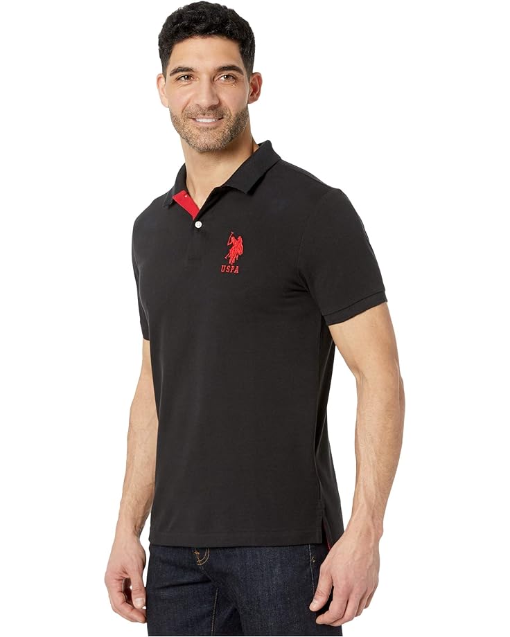 Поло U.S. POLO ASSN. Slim Fit Big Horse Polo with Stripe Collar, черный фотографии