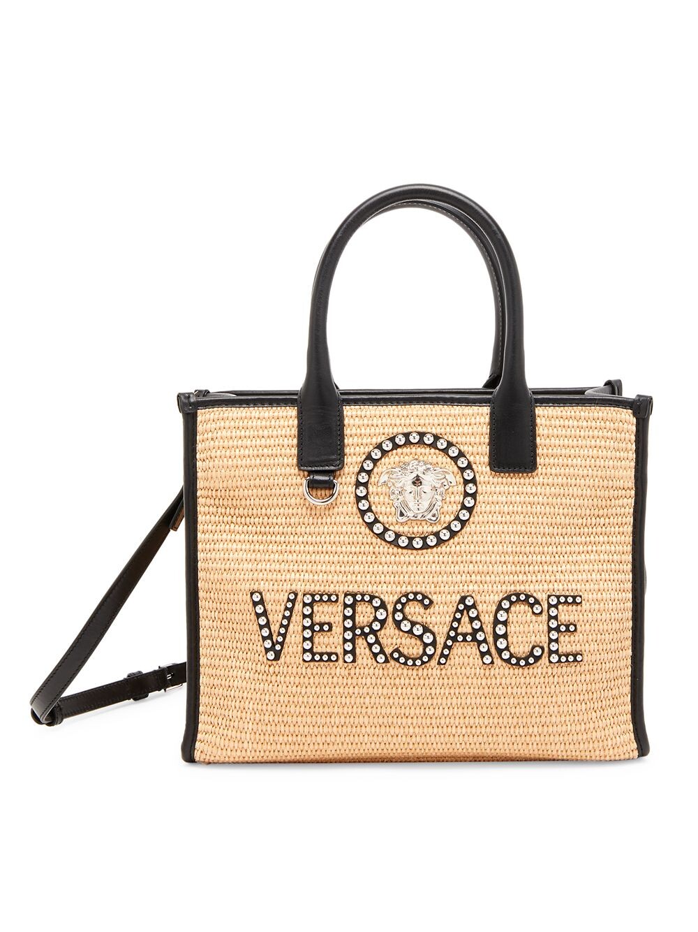 

Маленькая большая сумка-тоут La Vacanza из рафии с логотипом Medusa Versace, черный