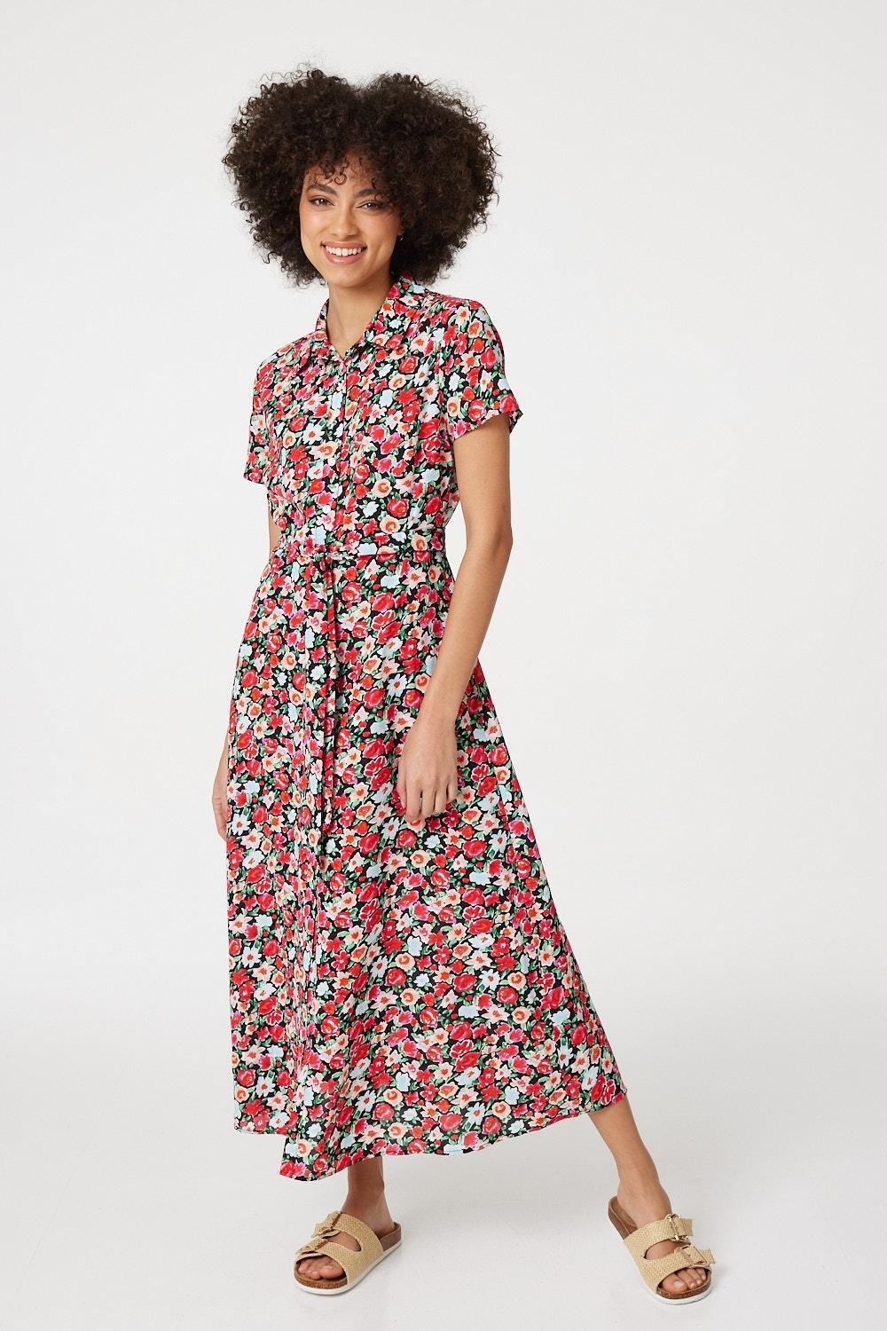 цена Платье-рубашка с коротким рукавом с цветочным принтом Izabel London, красный