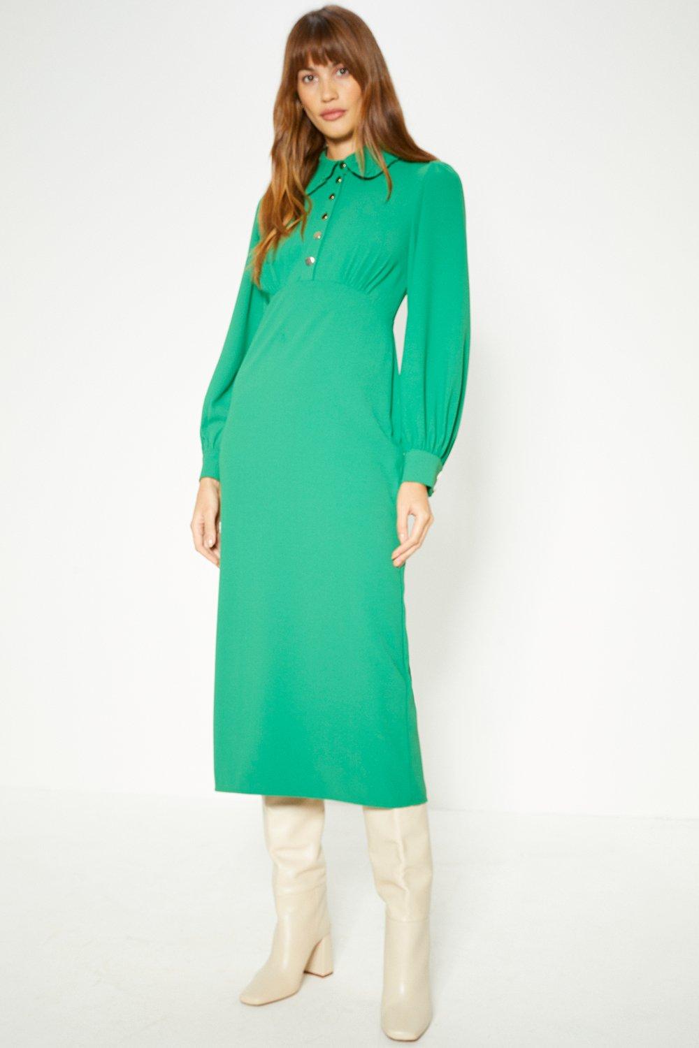 цена Мягкое приталенное платье миди с оборчатым воротником Oasis, зеленый