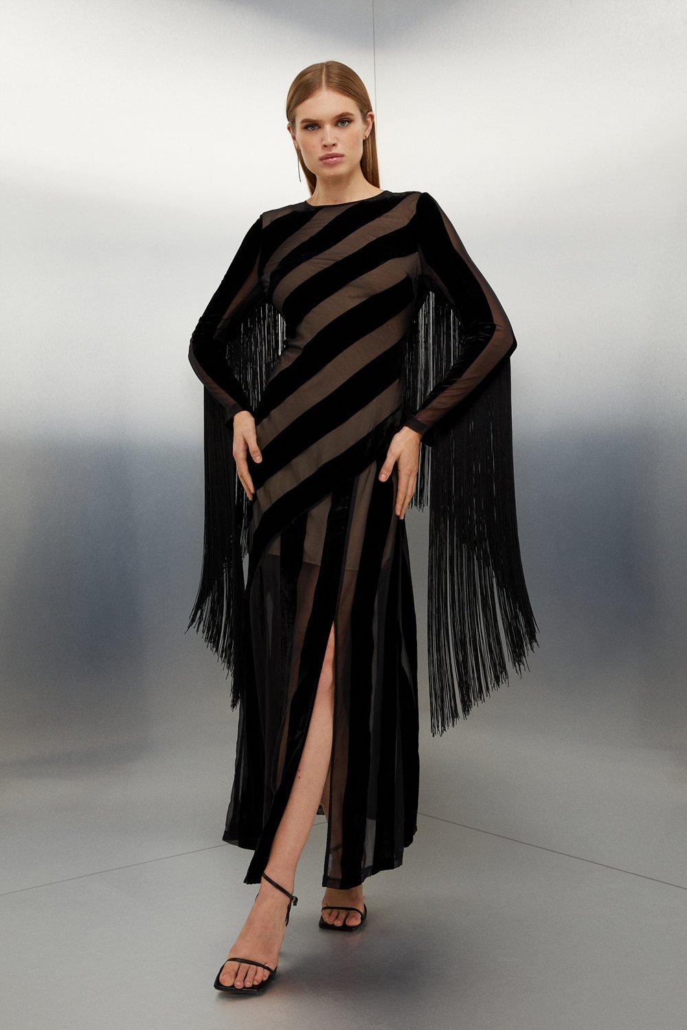 Бархатное тканое платье макси Devore с длинными рукавами и бахромой Karen Millen, черный цена и фото