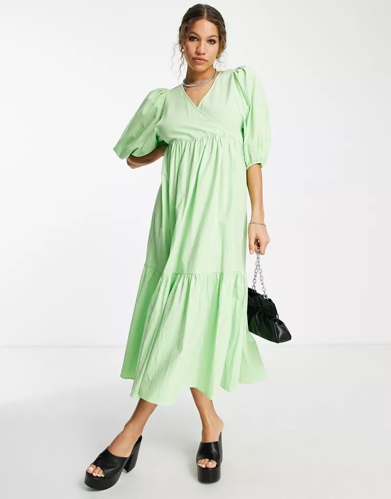 Свободное платье из хлопкового яруса с объемными рукавами салатового цвета - LGREEN Edited грипсы odi f 1 float grips green lime