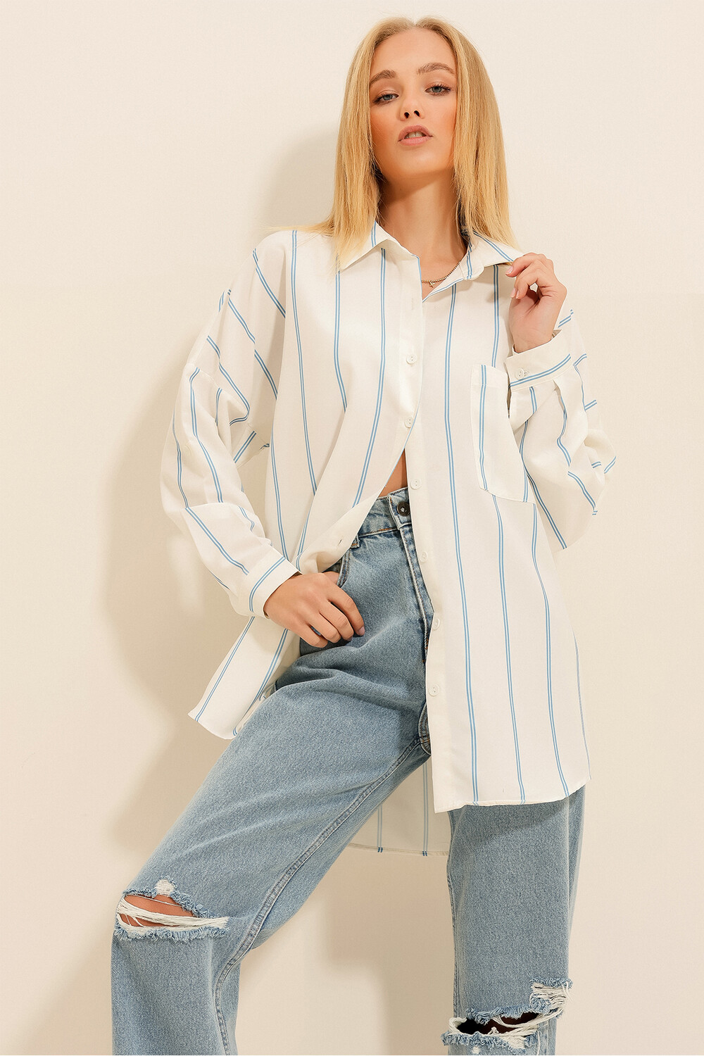 

Рубашка - Синяя - Oversize Trend Alaçatı Stili, синий