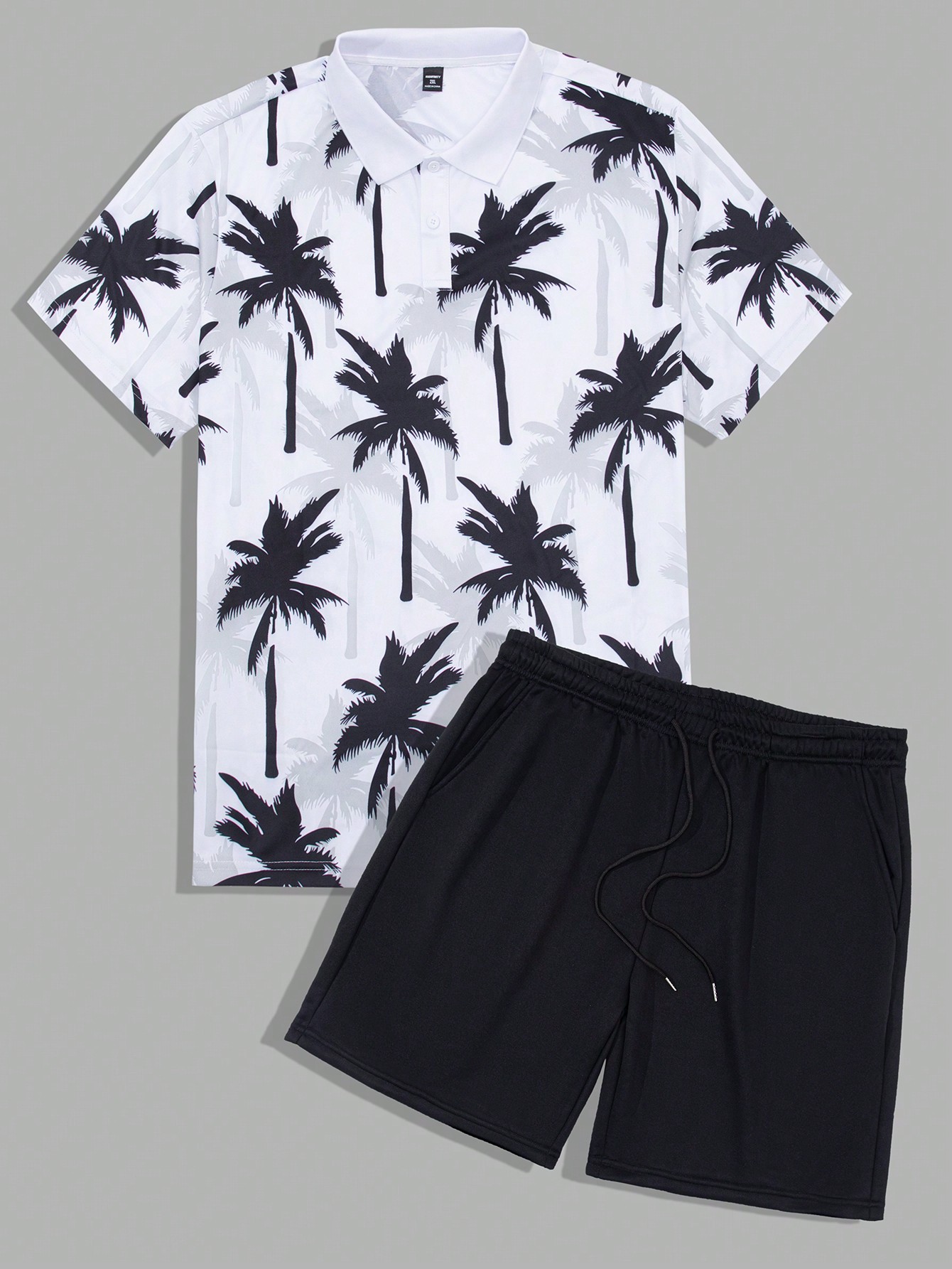 Manfinity RSRT Мужская рубашка поло и шорты с короткими рукавами и пуговицами больших размеров с принтом кокосовой пальмы, черное и белое