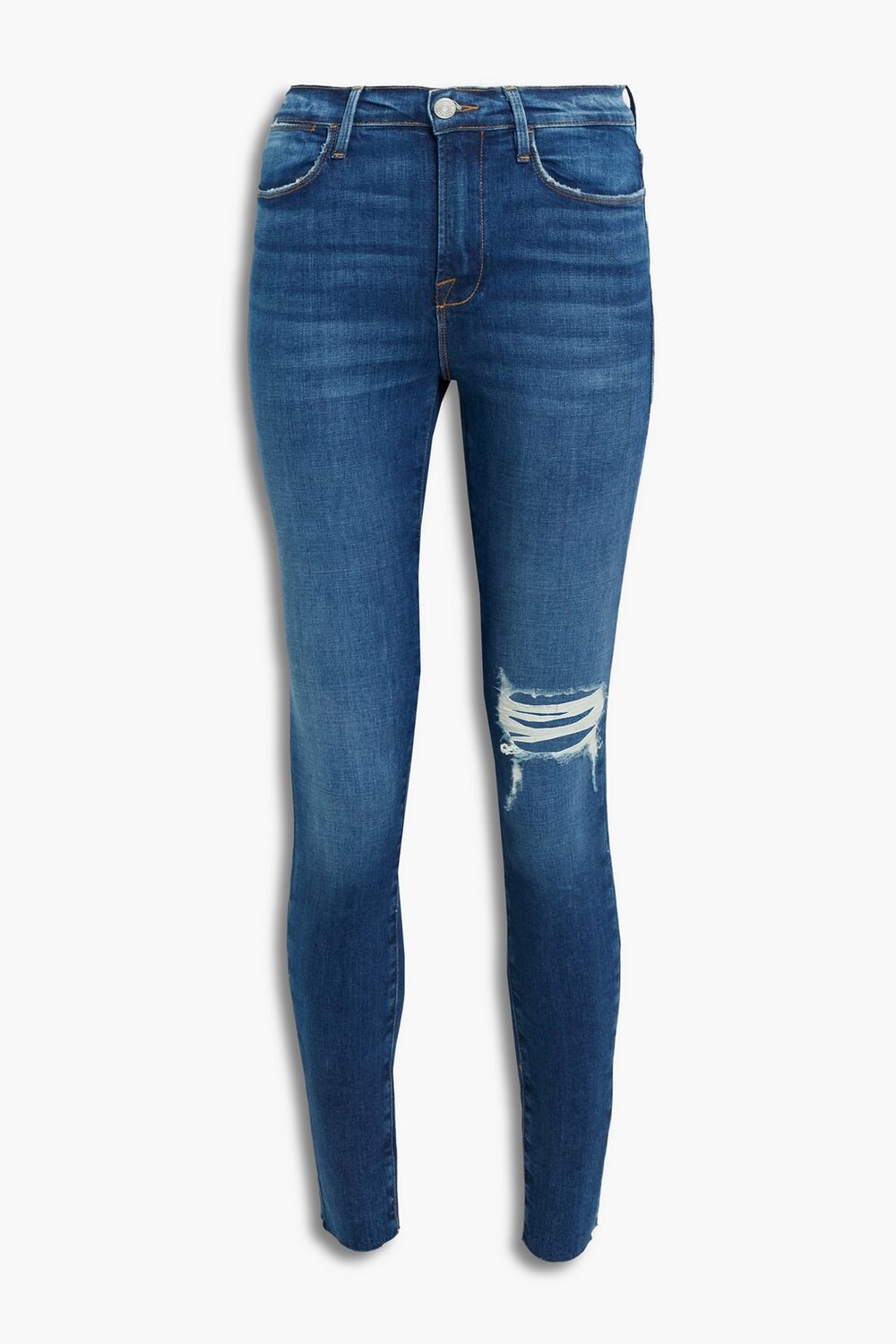 

Джинсы скинни Le High Skinny с потертостями и высокой посадкой FRAME, синий