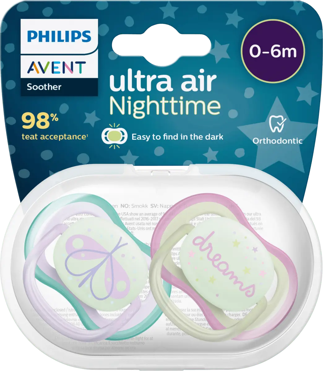

Соска ultra air Night зеленая/розовая 0-6 месяцев 2 шт. Philips