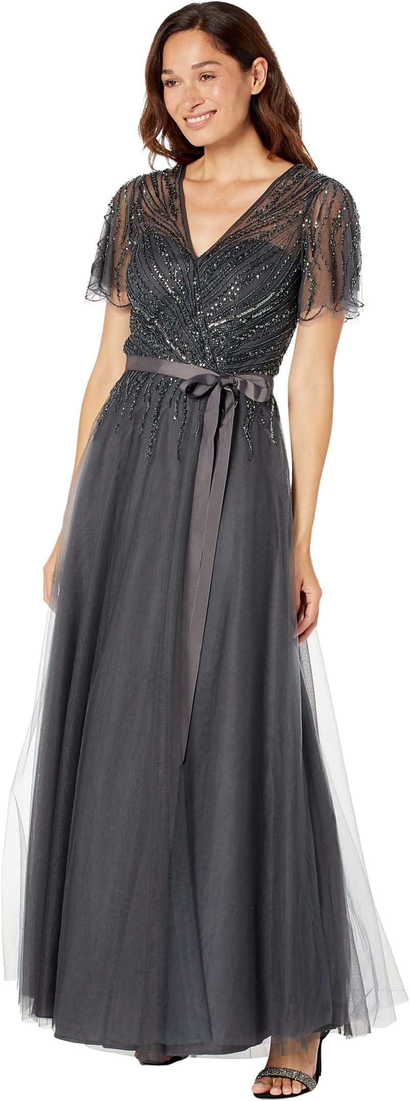 Длинное бальное платье из сетчатой ​​ткани и бисера XSCAPE, цвет Charcoal косплей золушка белоснежно белое бальное платье из сетчатой ткани для девочек