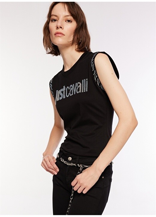 

Черная женская футболка с круглым вырезом с принтом Just Cavalli, Черный