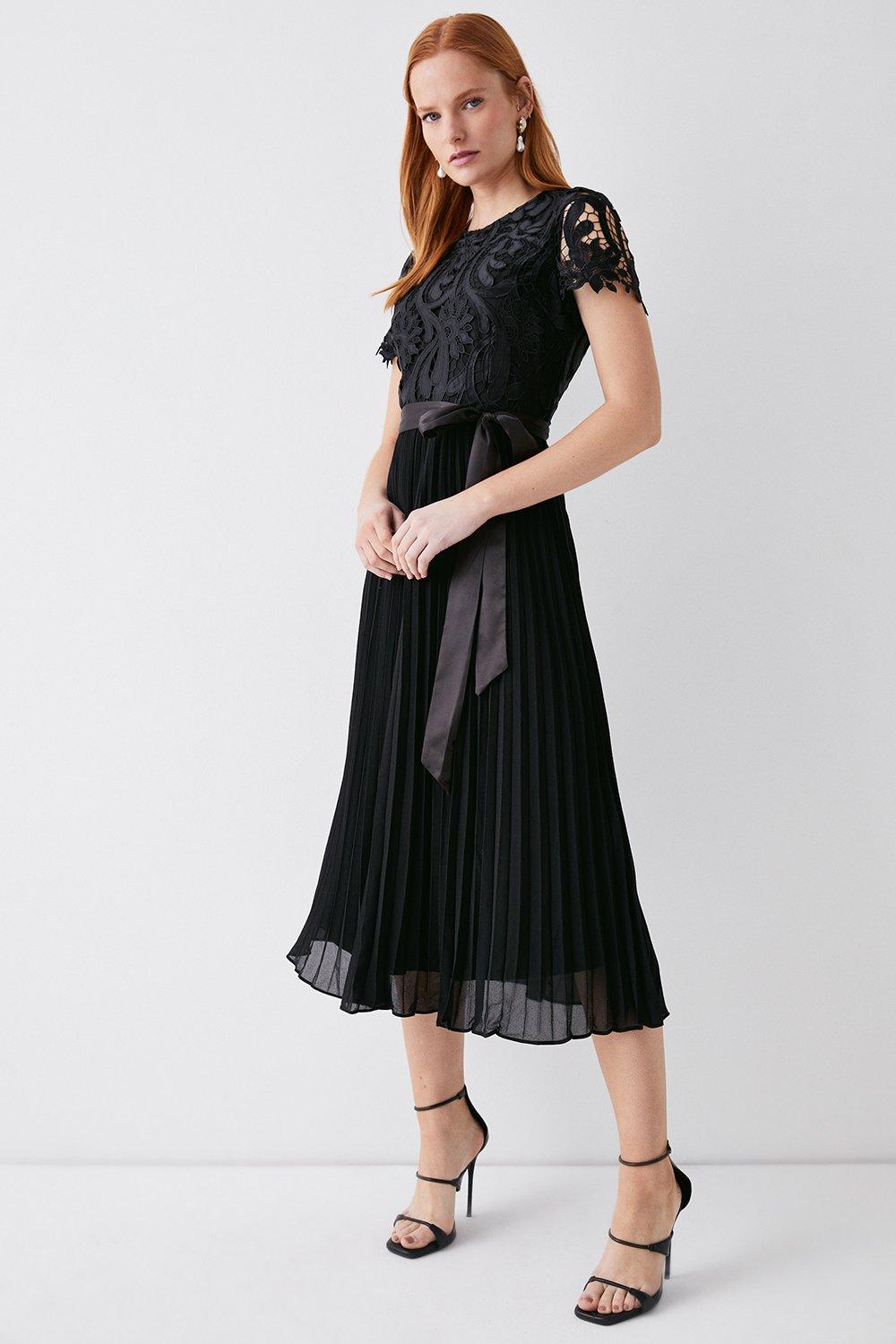 Платье миди со складками и кружевным лифом с поясом Coast, черный