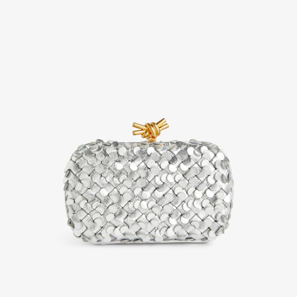 

Мини-кожаный клатч с узлом Bottega Veneta, серебряный