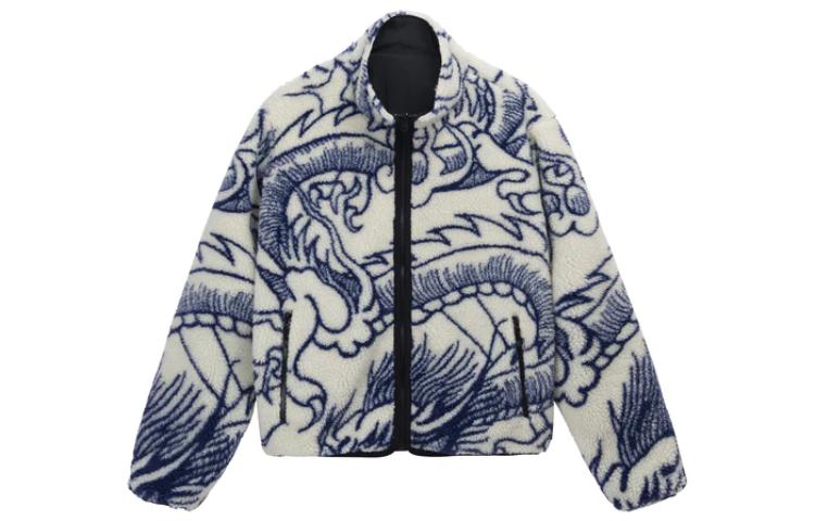 цена Куртка унисекс Stussy Dragon Sherpa с принтом, чёрный / оранжевый / синий