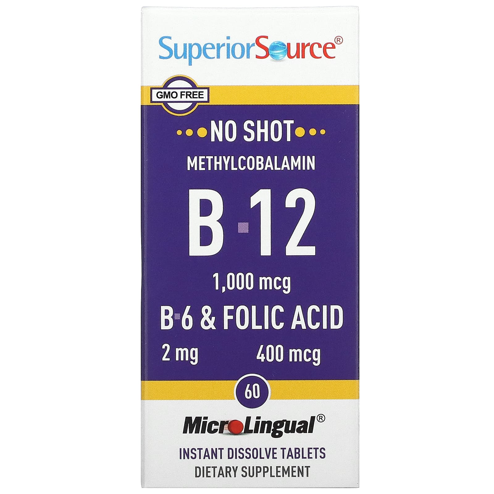 Superior Source No Shot Метилкобаламин В12 (1000 мкг) + В6 и фолиевая кислота (400 мкг) 60 таблеток superior source метилкобаламин b 12 1000 мкг b 6 и фолиевая кислота 800 мкг microlingual 60 таблеток