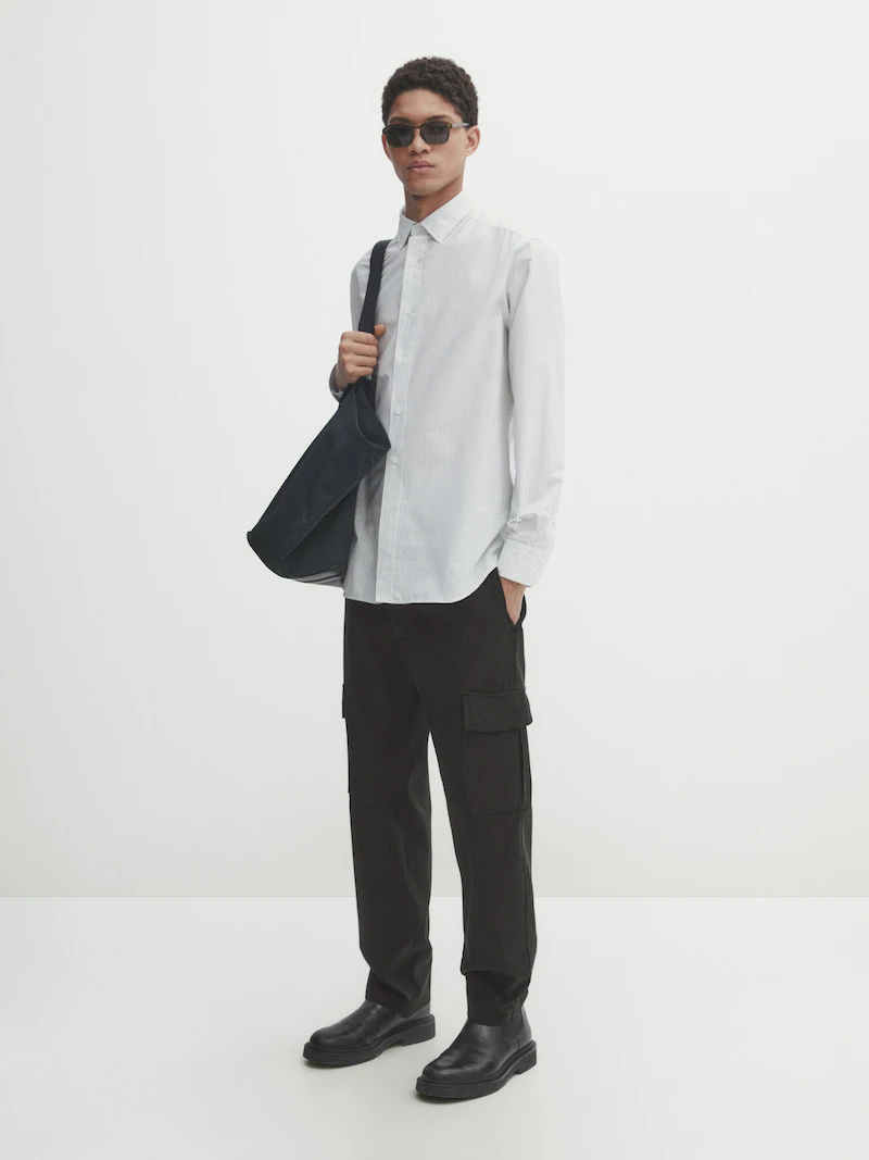 

Рубашка узкого кроя в полоску из хлопка Massimo Dutti, зеленый
