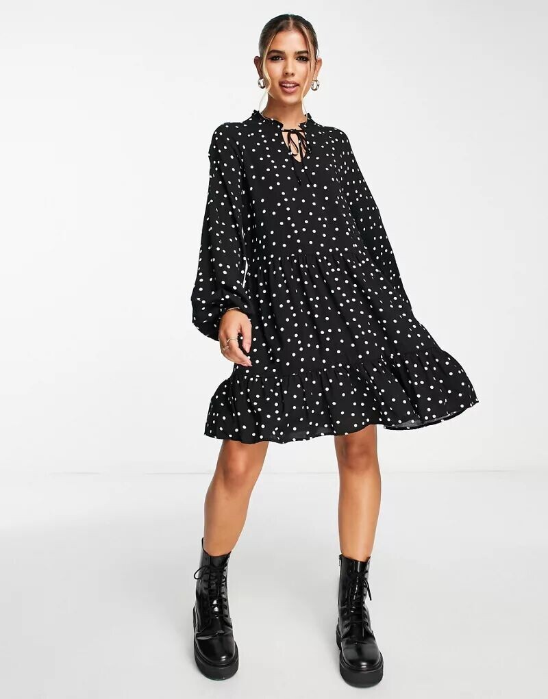 

Свободное мини-платье Vero Moda со складками и воротником-стойкой в ​​горошек
