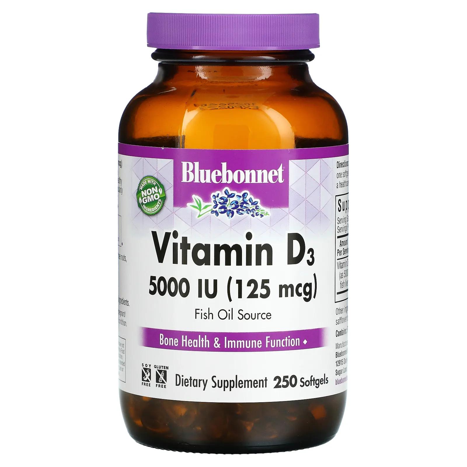 Bluebonnet Nutrition Витамин D3 5000 МЕ 250 желатиновых капсул