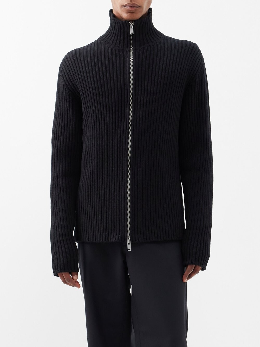 

Шерстяной кардиган в рубчик на молнии на молнии Jil Sander, черный