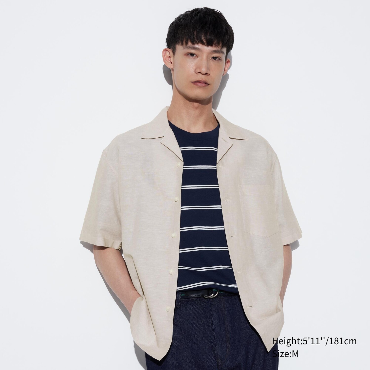 

Рубашка из хлопкового льна с открытым вырезом UNIQLO, бежевый