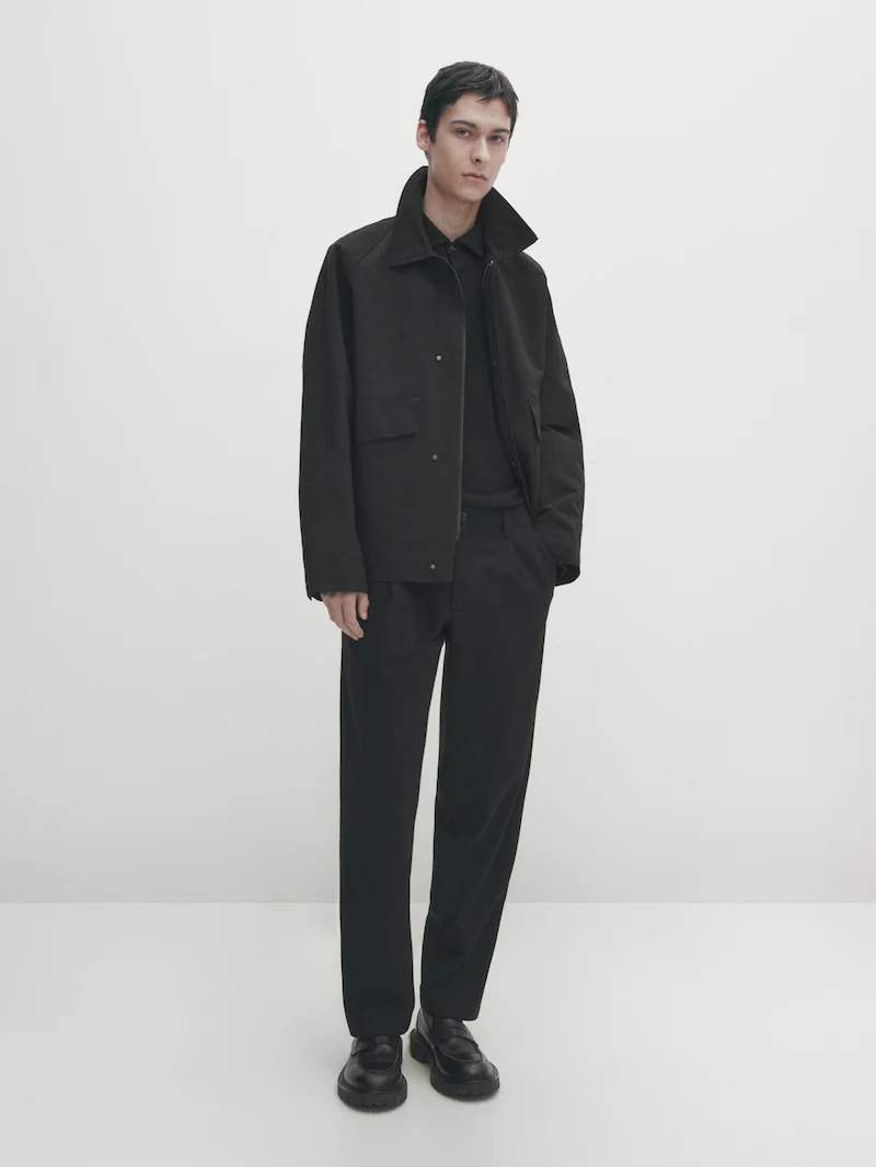 

Рубашка-поло с длинными рукавами из смеси хлопка и шерсти Massimo Dutti, черный