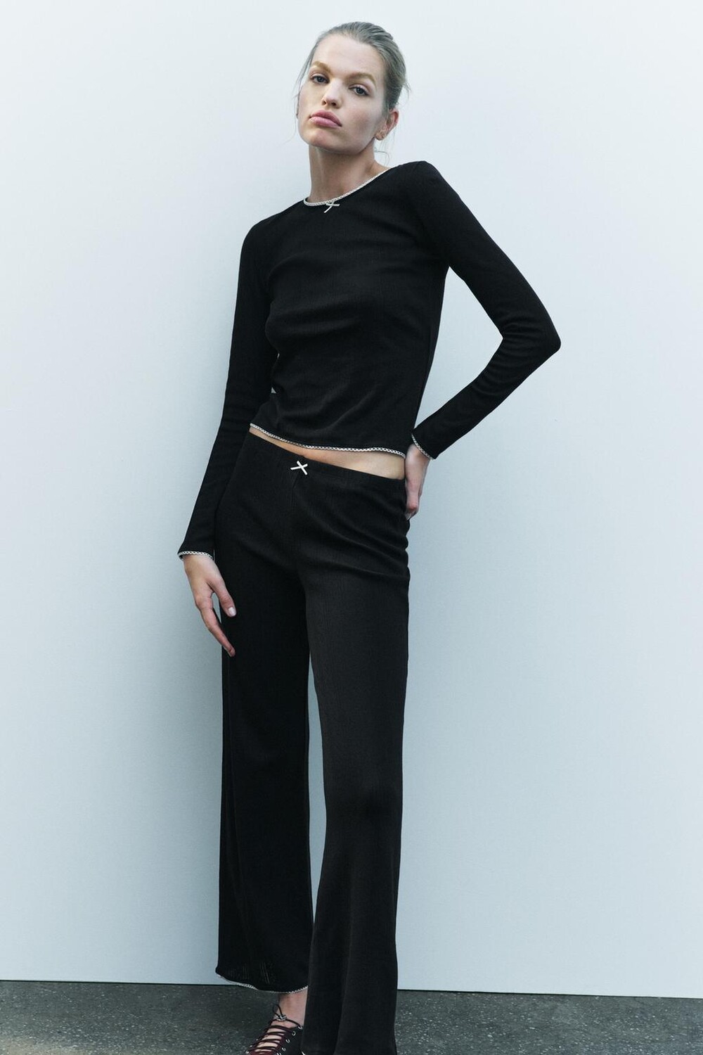 Леггинсы pointelle с бантом ZARA, черный