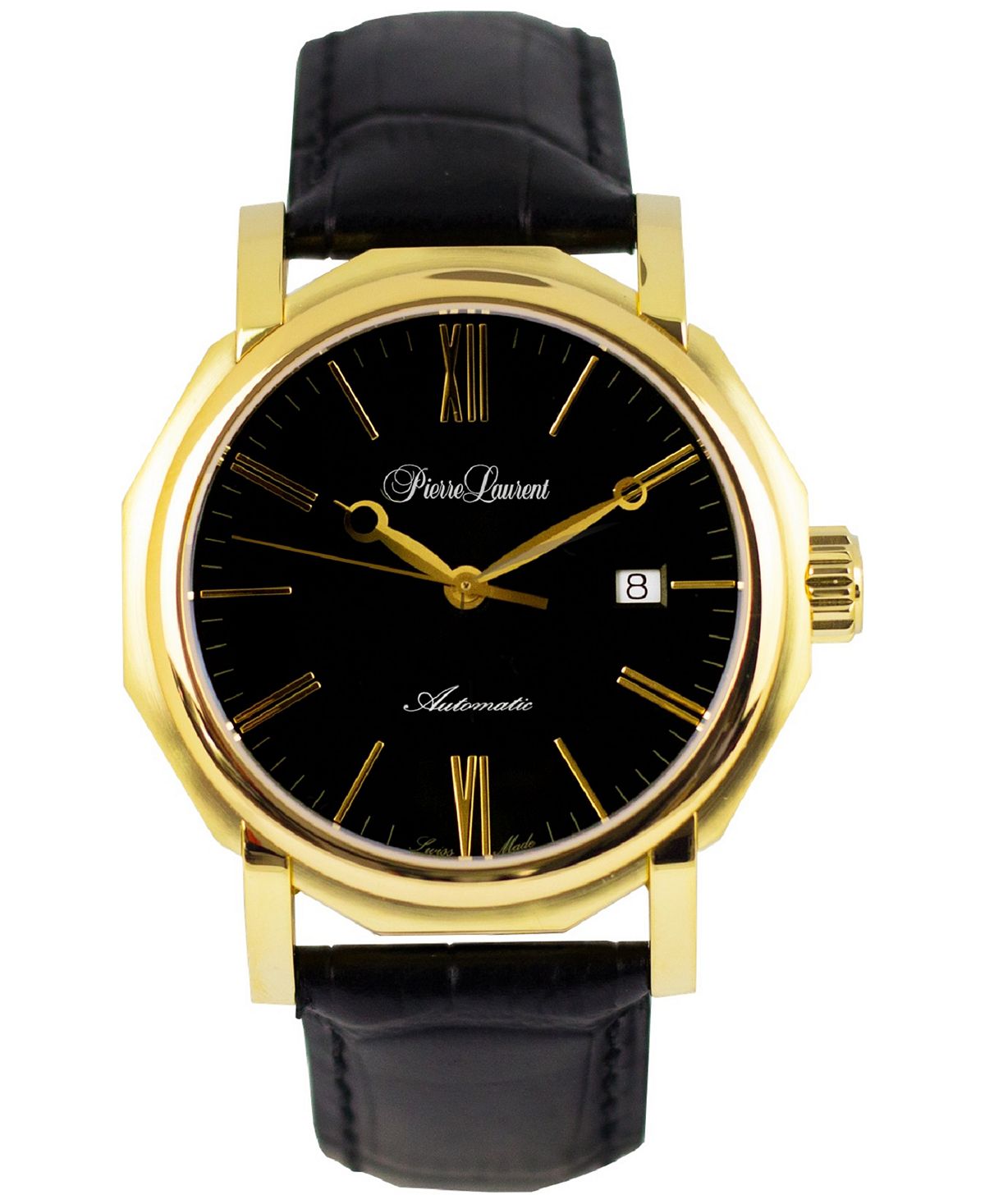 цена Мужские швейцарские автоматические семейные часы с черным кожаным ремешком, 46 мм Pierre Laurent