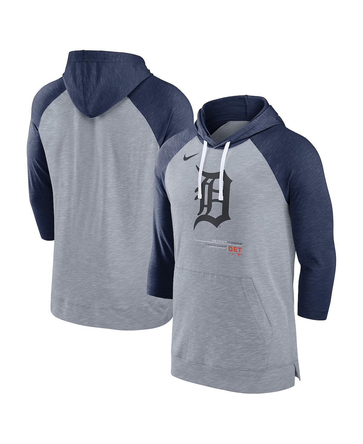 цена Мужской пуловер с капюшоном с капюшоном цвета реглан, серый Хизер, темно-синий Хизер Detroit Tigers Бейсбол реглан с рукавами 3/4 Nike