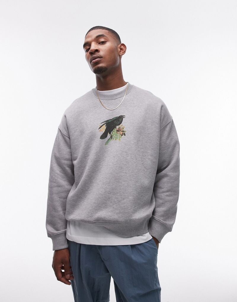 

Topman – толстовка оверсайз серого меланжевого цвета с мотивом ворона