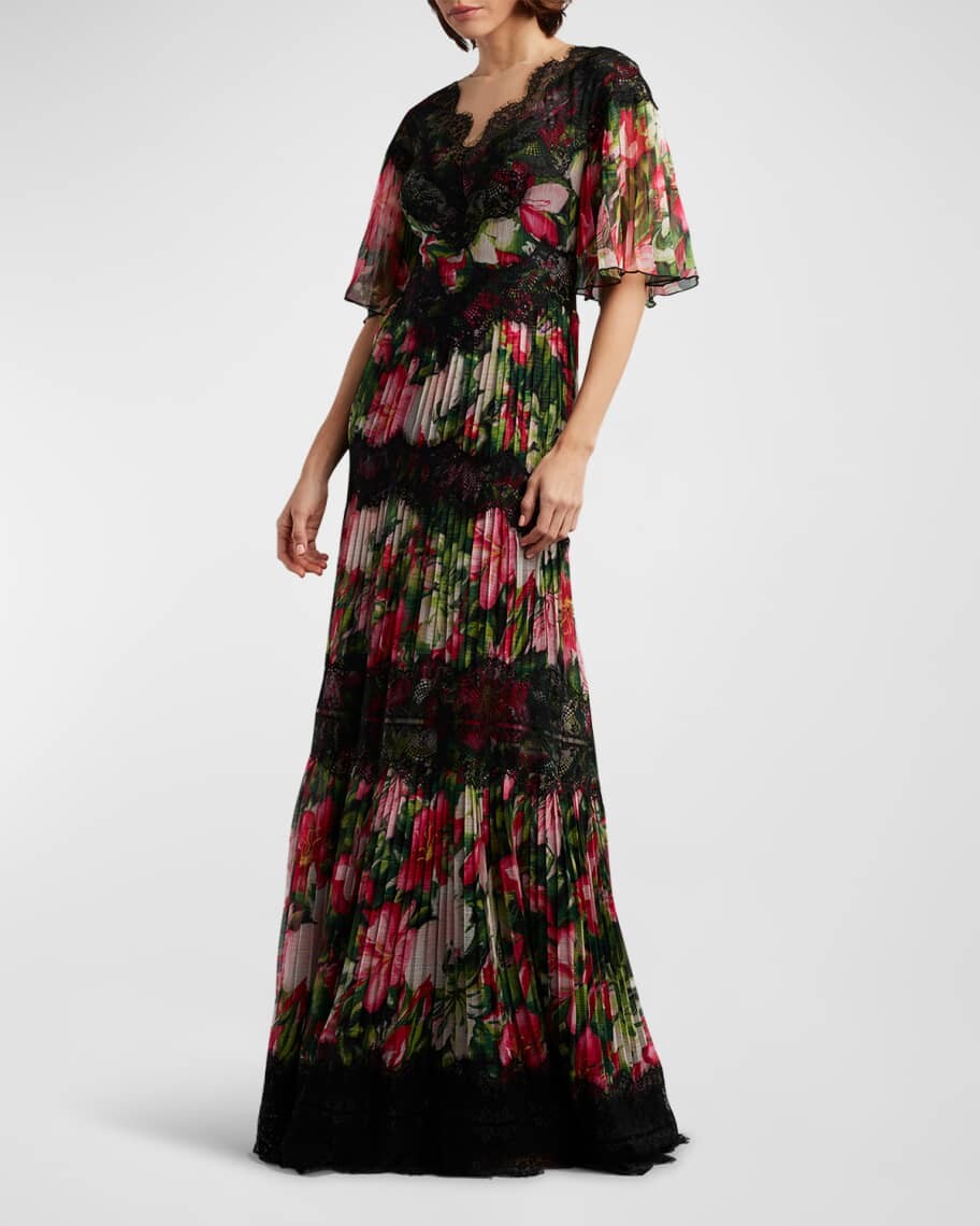 

Плиссированное платье с цветочным принтом и кружевной отделкой Tadashi Shoji