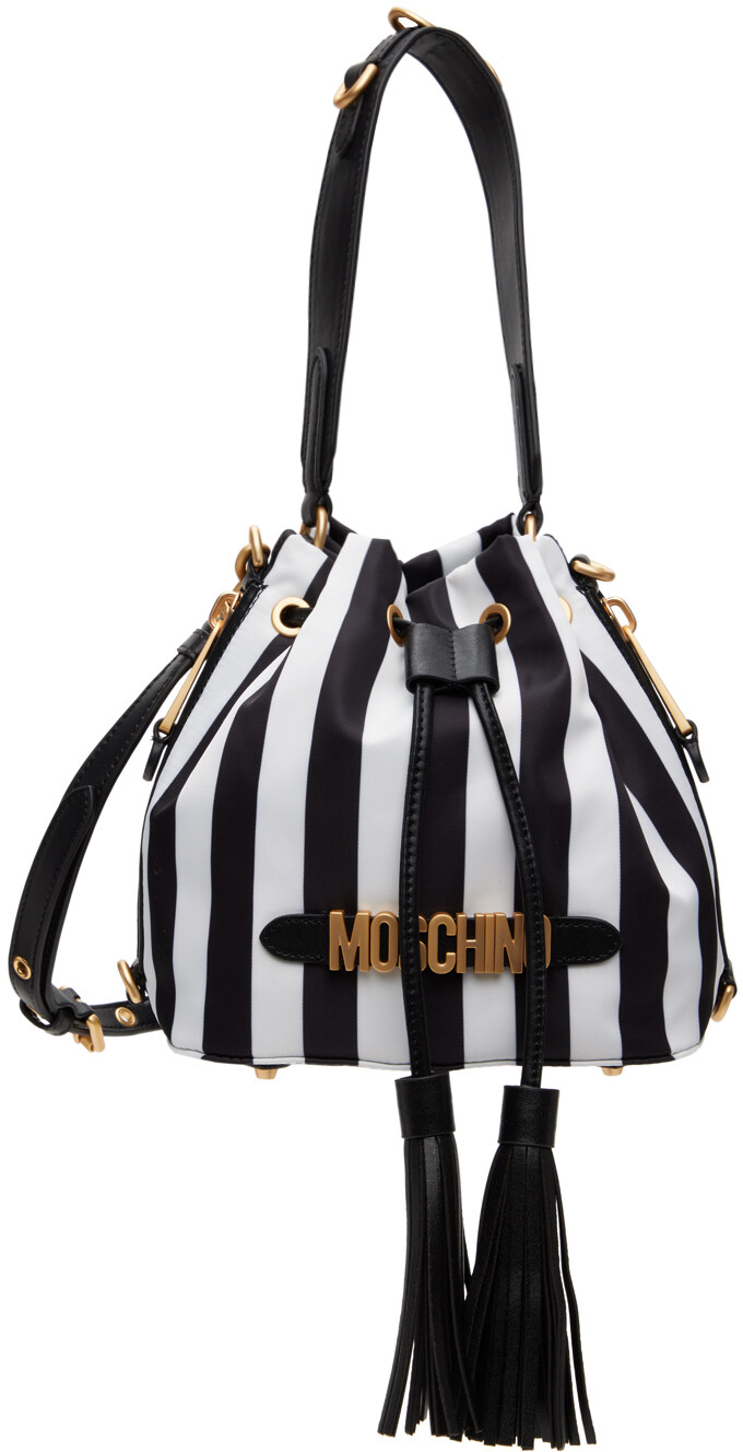 

Черно-белая сумка на плечо с логотипом в полоску Moschino, цвет Black/White