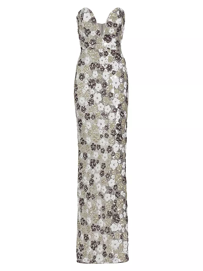 

Платье без бретелек из тюля с пайетками Marchesa Notte, цвет silver combo