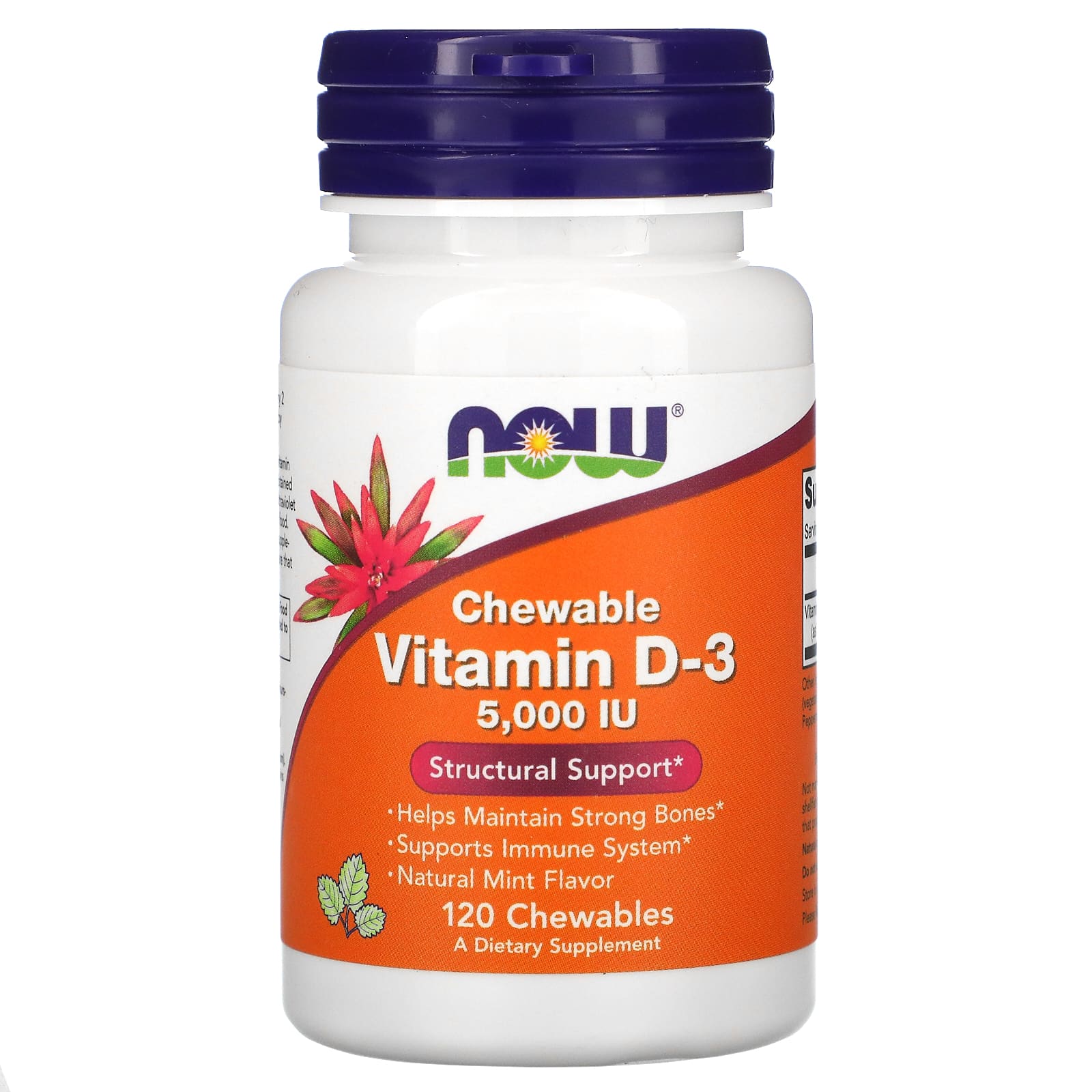 Now Foods Витамин D3 со вкусом натуральной мяты 5000 МЕ 120 жевательных таблеток