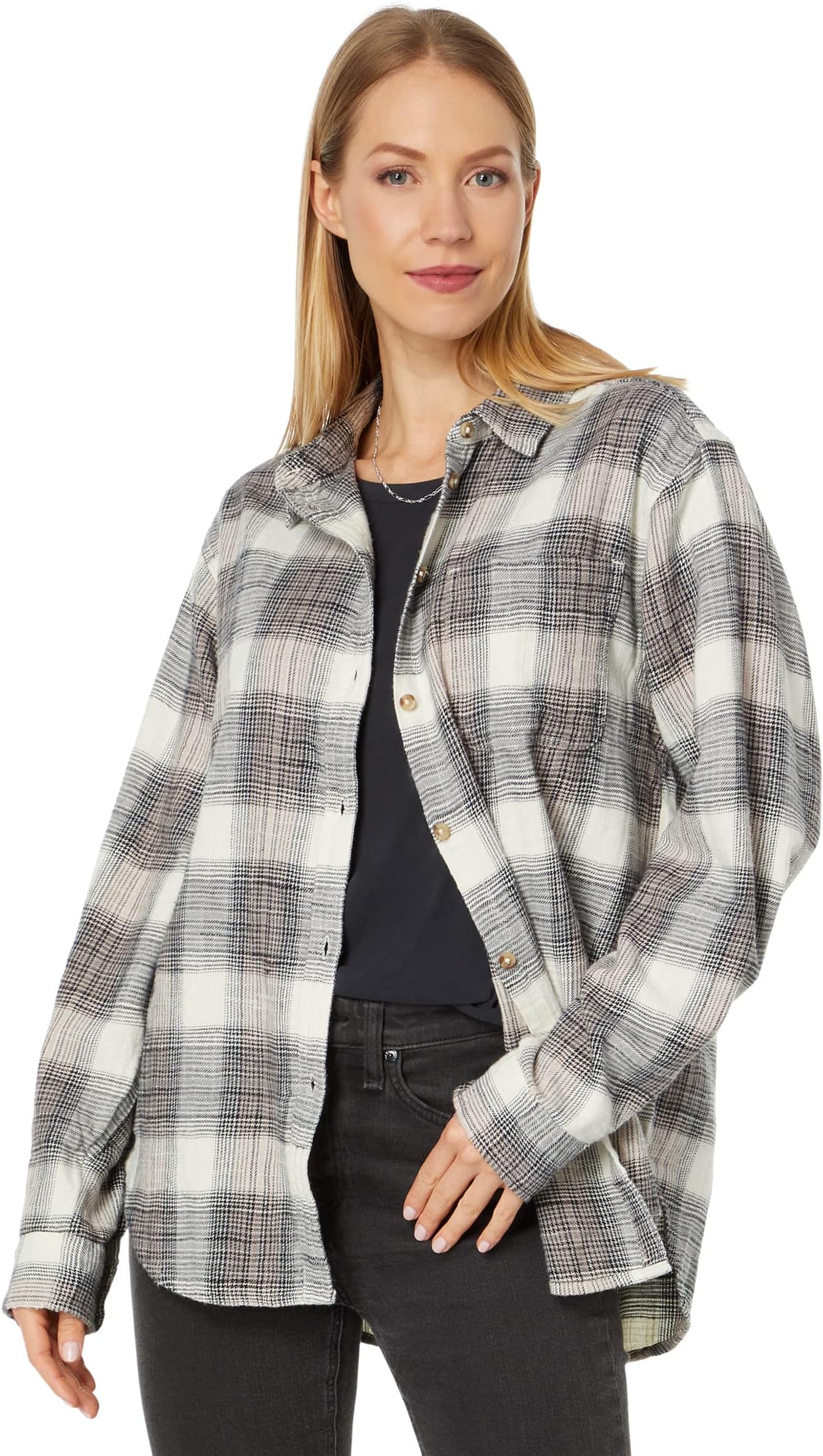 

Рубашка оверсайз с карманами-бойфрендами Lucky Brand, цвет Black Cream Plaid