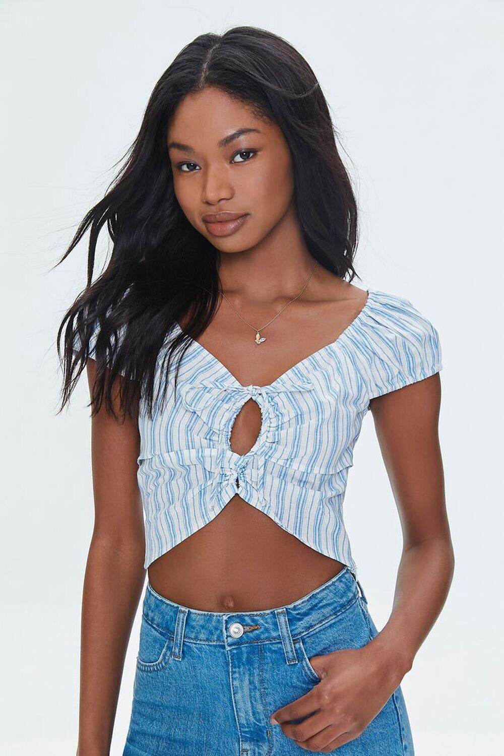 

Укороченный топ из льняной смеси в полоску с вырезом Forever 21, белый