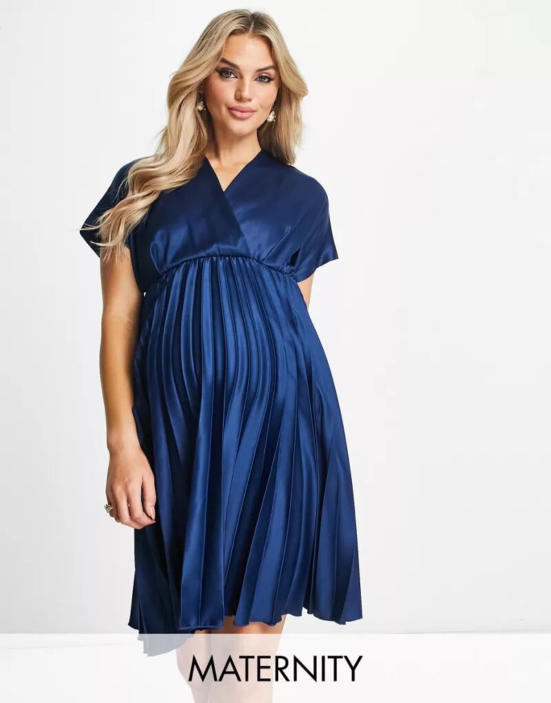 Темно-синее плиссированное мини-платье с запахом и запахом спереди Closet London