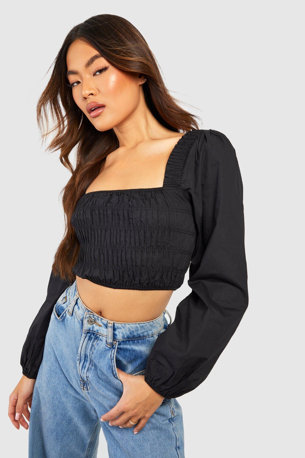 

Укороченный топ с ткаными союзами и рукавами-воздушными рукавами Boohoo, черный