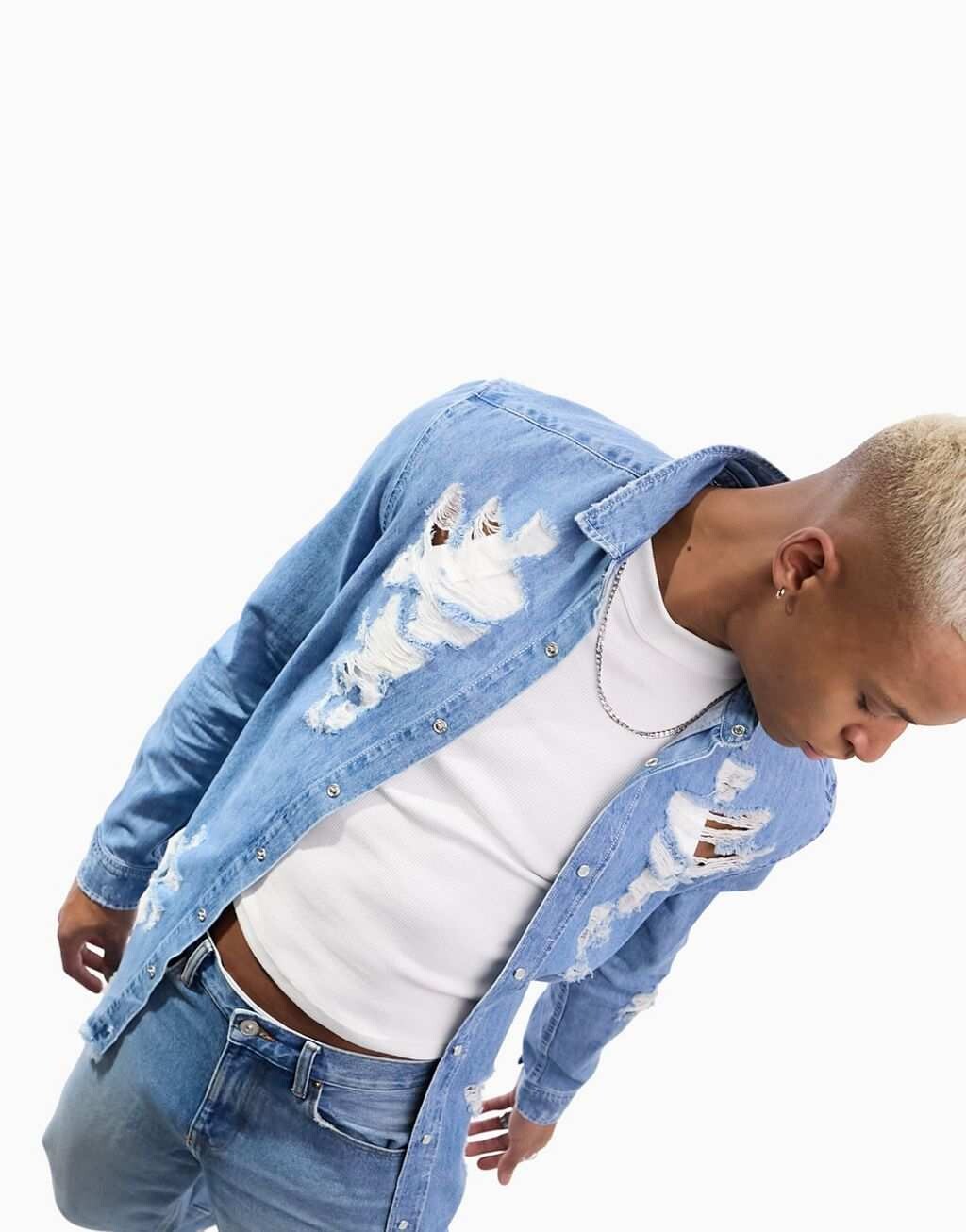 

Джинсовая рубашка оверсайз в стиле 90-х с рваными краями ASOS DESIGN
